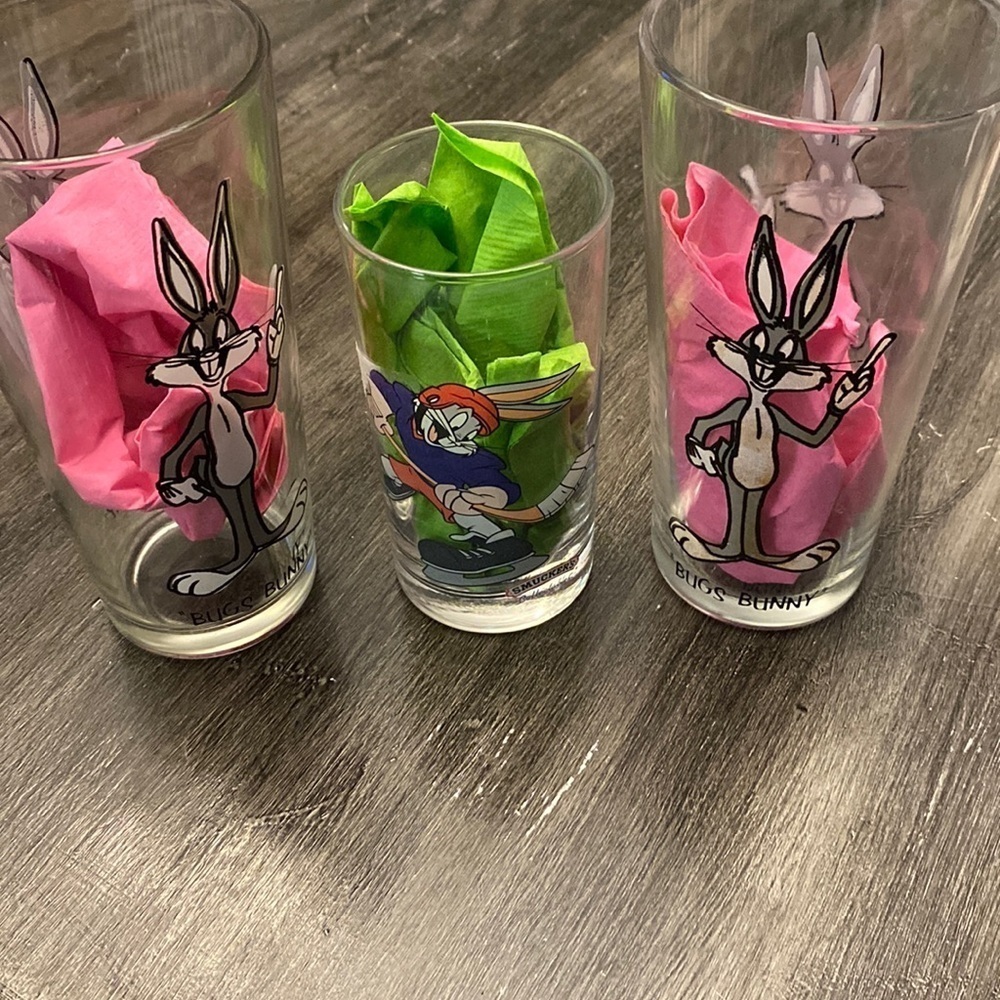 🍍VINTAGE BUGS BUNNY PEPSI GLASSES🍍SMUCKERS JAR🍍F-1